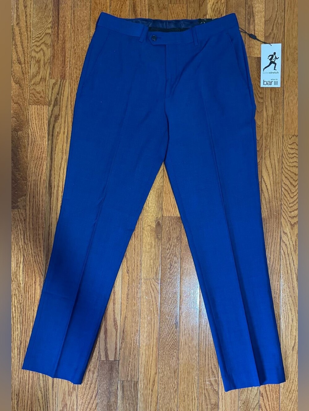 NWT Bar III Men's Active Stretch Slim Fit Suit Pants in Vibrant Blue.